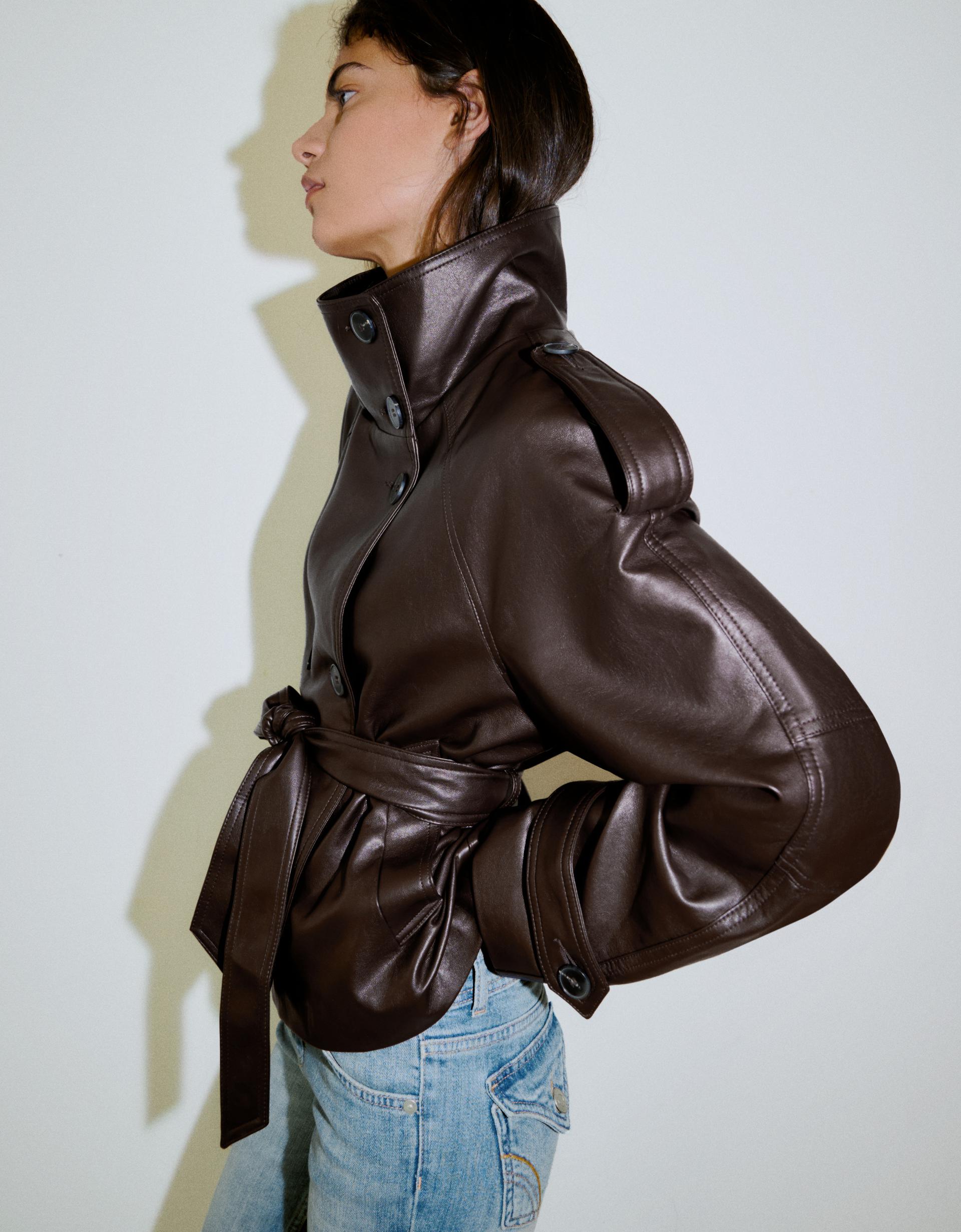 Short Leather Effect Trench Jacket